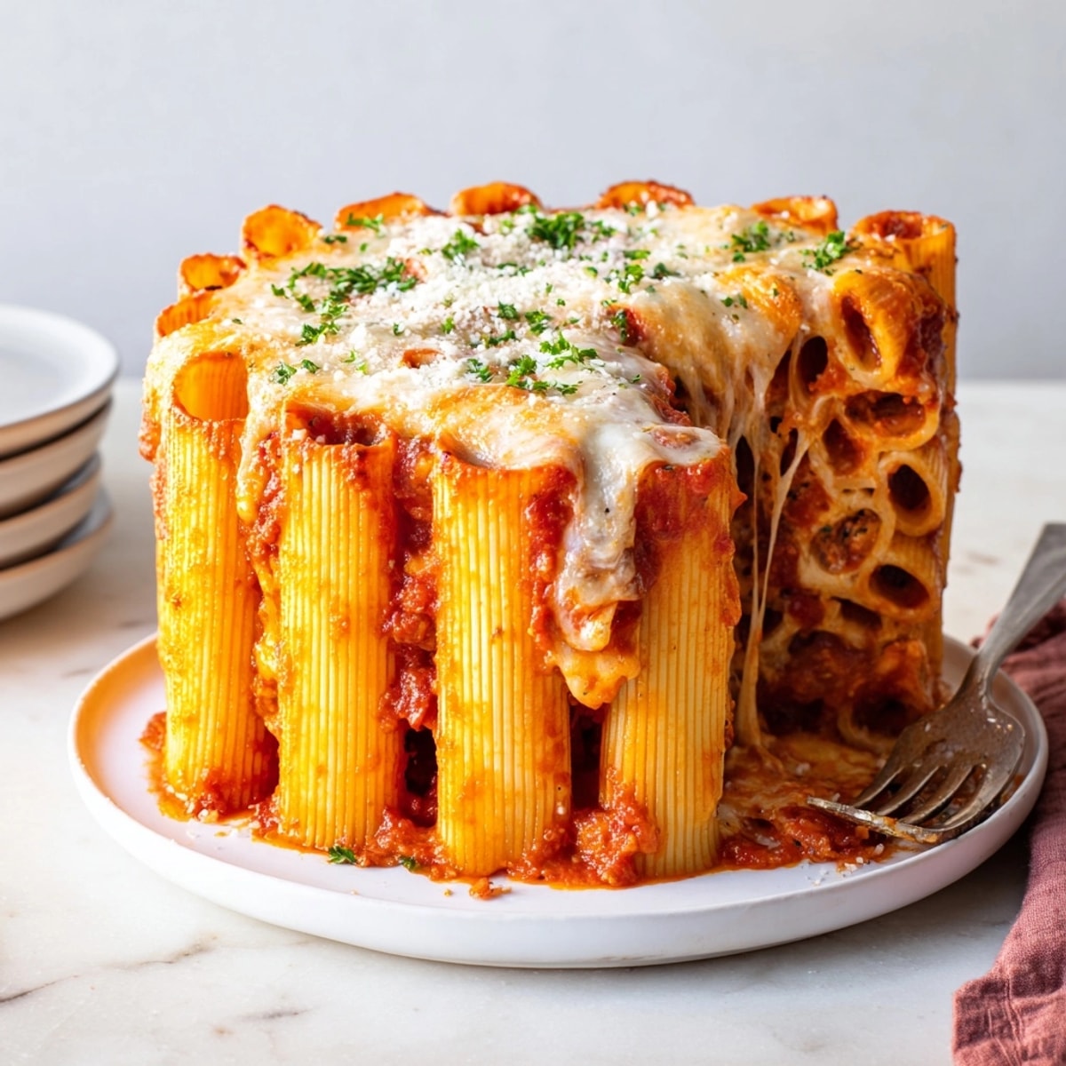 Golden, cheesy Honeycomb Pasta Cake, upright rigatoni tubes filled with rich ricotta.