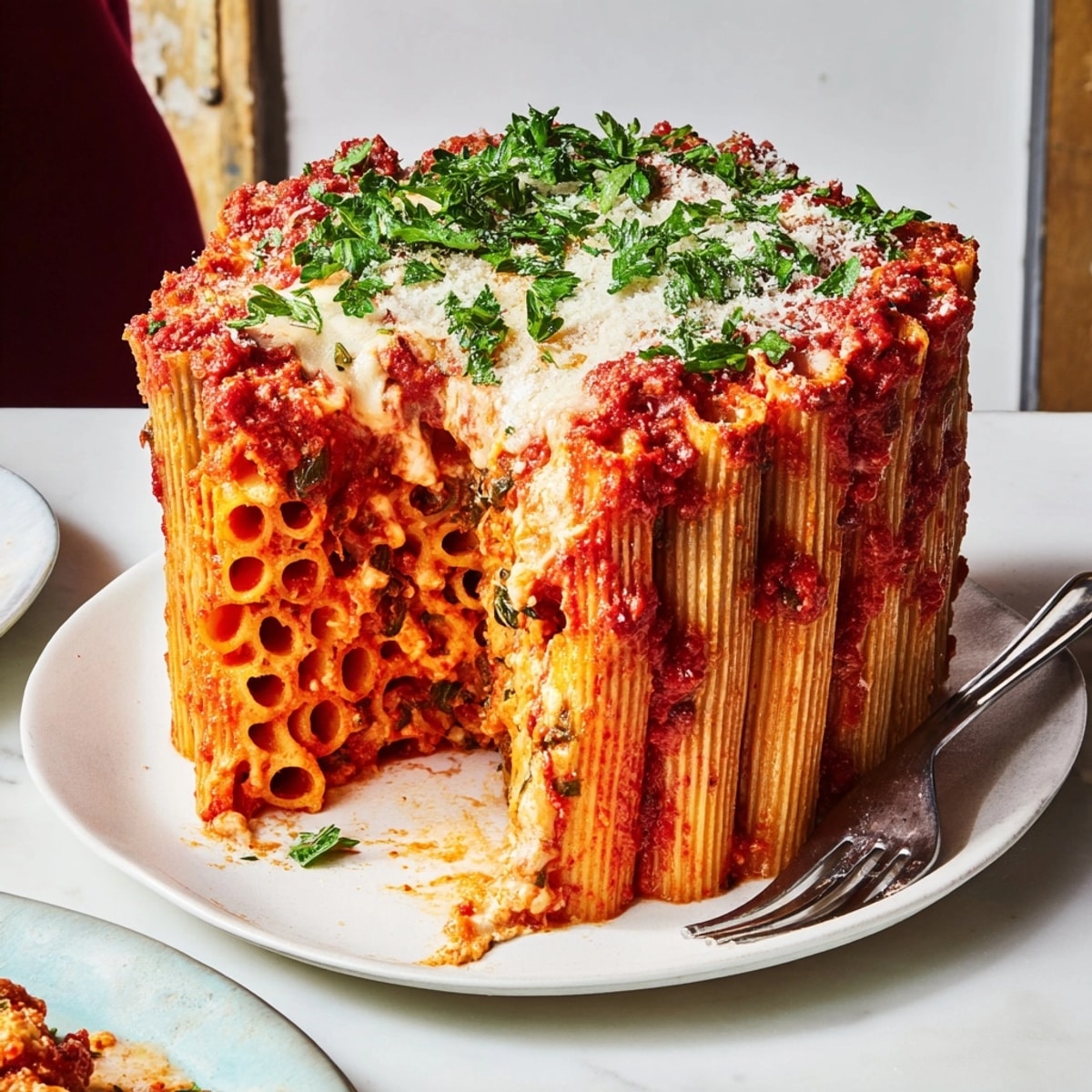 Baked Honeycomb Pasta Cake: Gooey mozzarella and vibrant tomato sauce cascade down rigatoni.