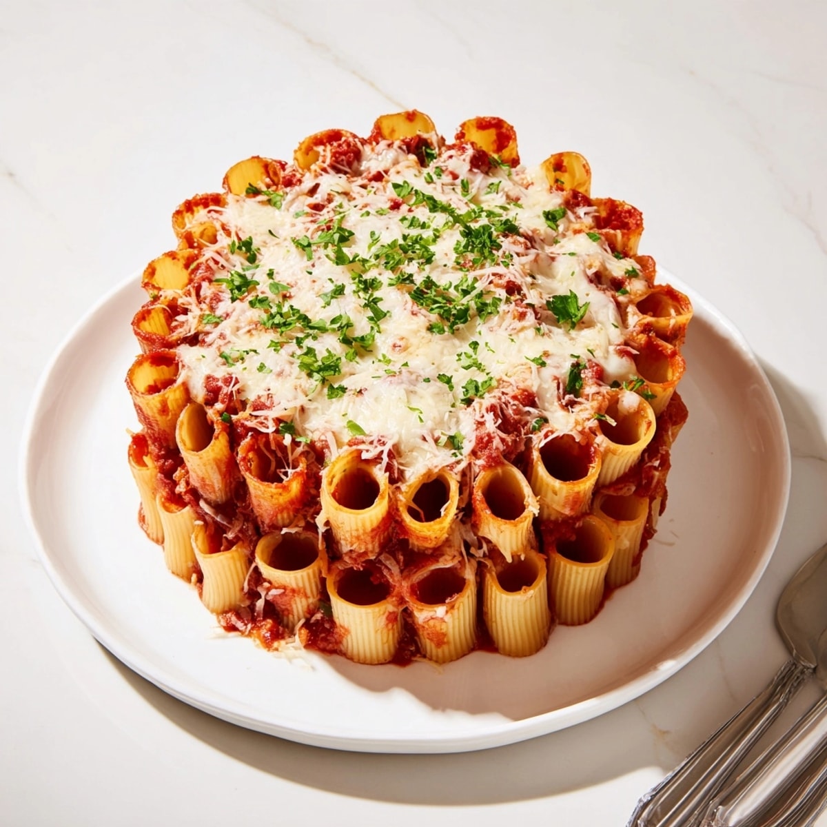 A slice of comforting, warm Honeycomb Pasta Cake showing its creamy ricotta filling.