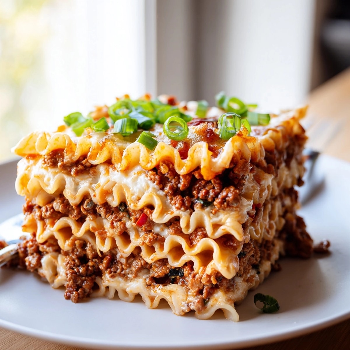 Overhead shot: Spicy Ramen Lasagna with bubbling cheese, ready for a comforting dinner.