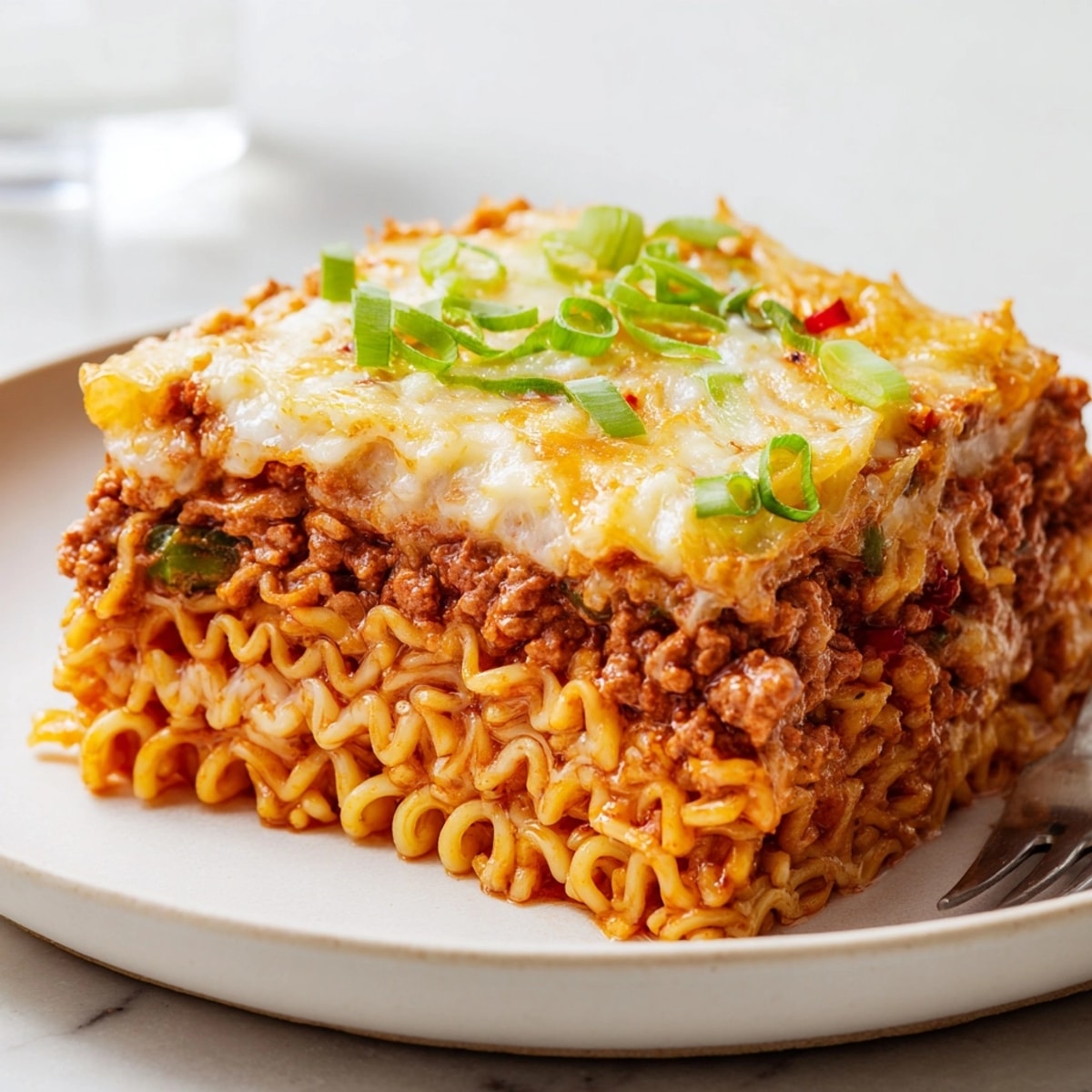 Close-up of a Spicy Ramen Lasagna slice showing layered noodles, meat sauce, and melted cheese.