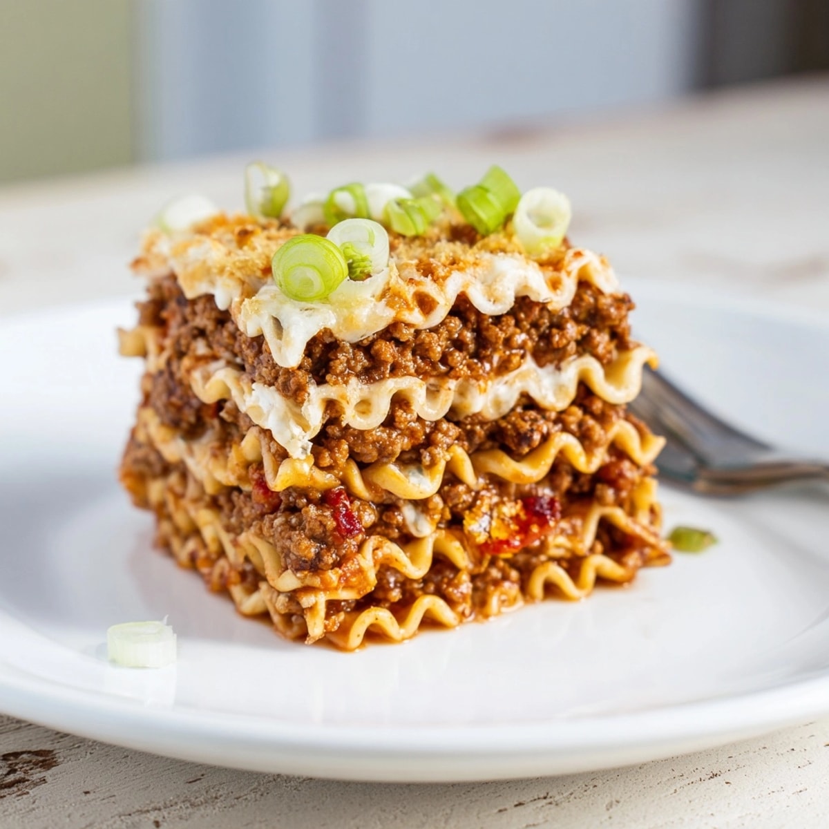 Homemade Spicy Ramen Lasagna in a baking dish, garnished with green onions, a flavorful fusion.