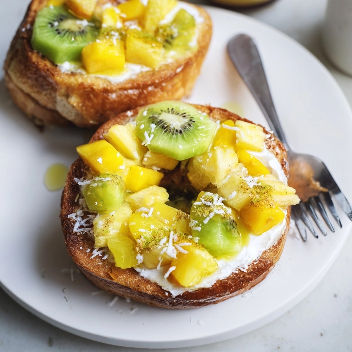 Golden Yogurt-Custard Toast 2.0 with creamy coconut, juicy mango, and toasted bread aroma emanating.