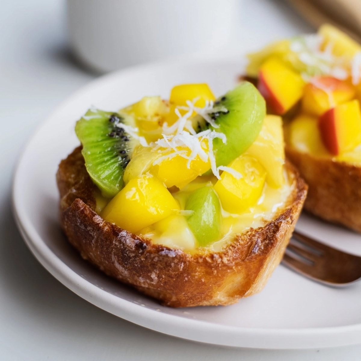 Close-up of vibrant Yogurt-Custard Toast 2.0, topped with tropical fruit, ready for a delicious brunch.