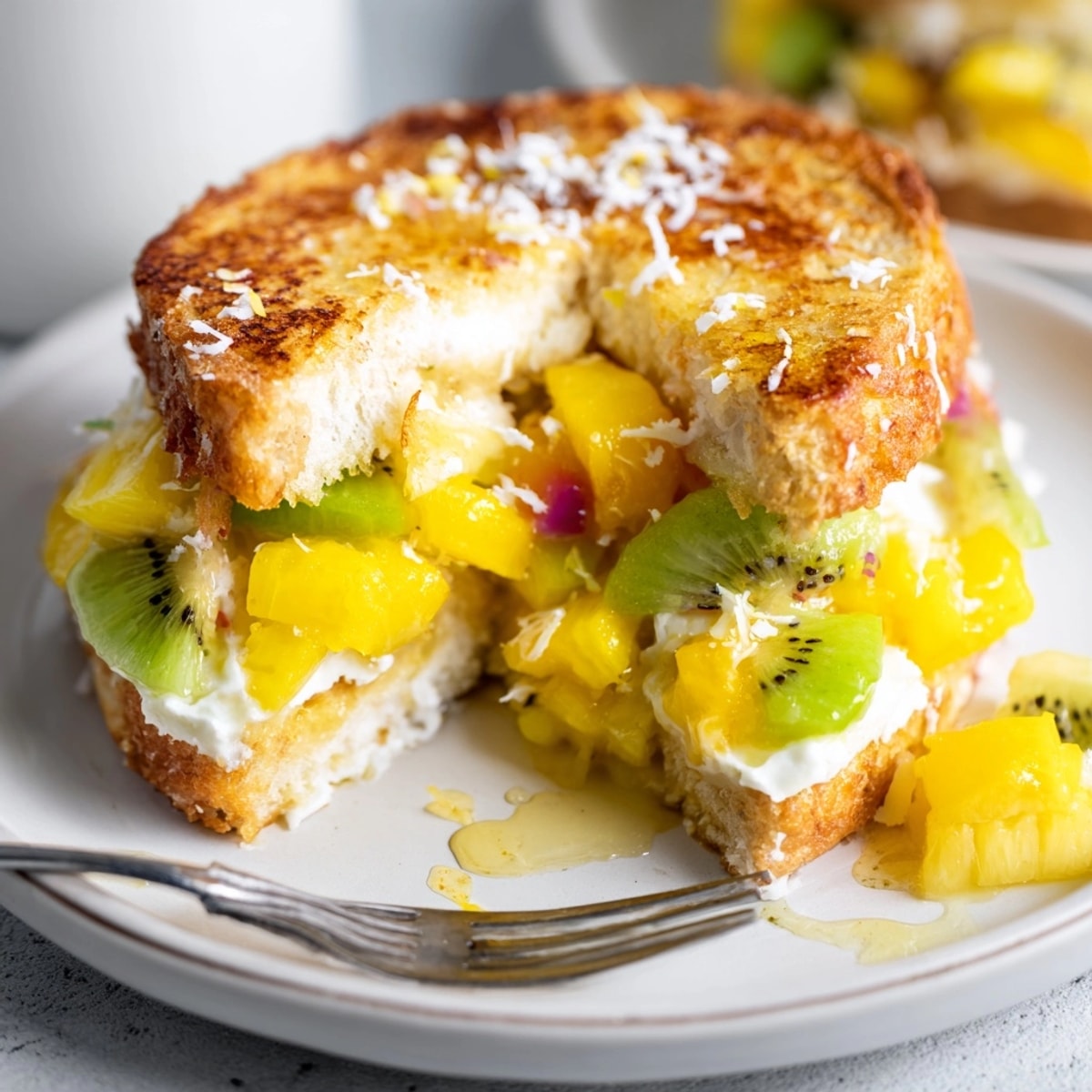 Warm, freshly baked Yogurt-Custard Toast 2.0 showing crisp edges, creamy center and fruity toppings.
