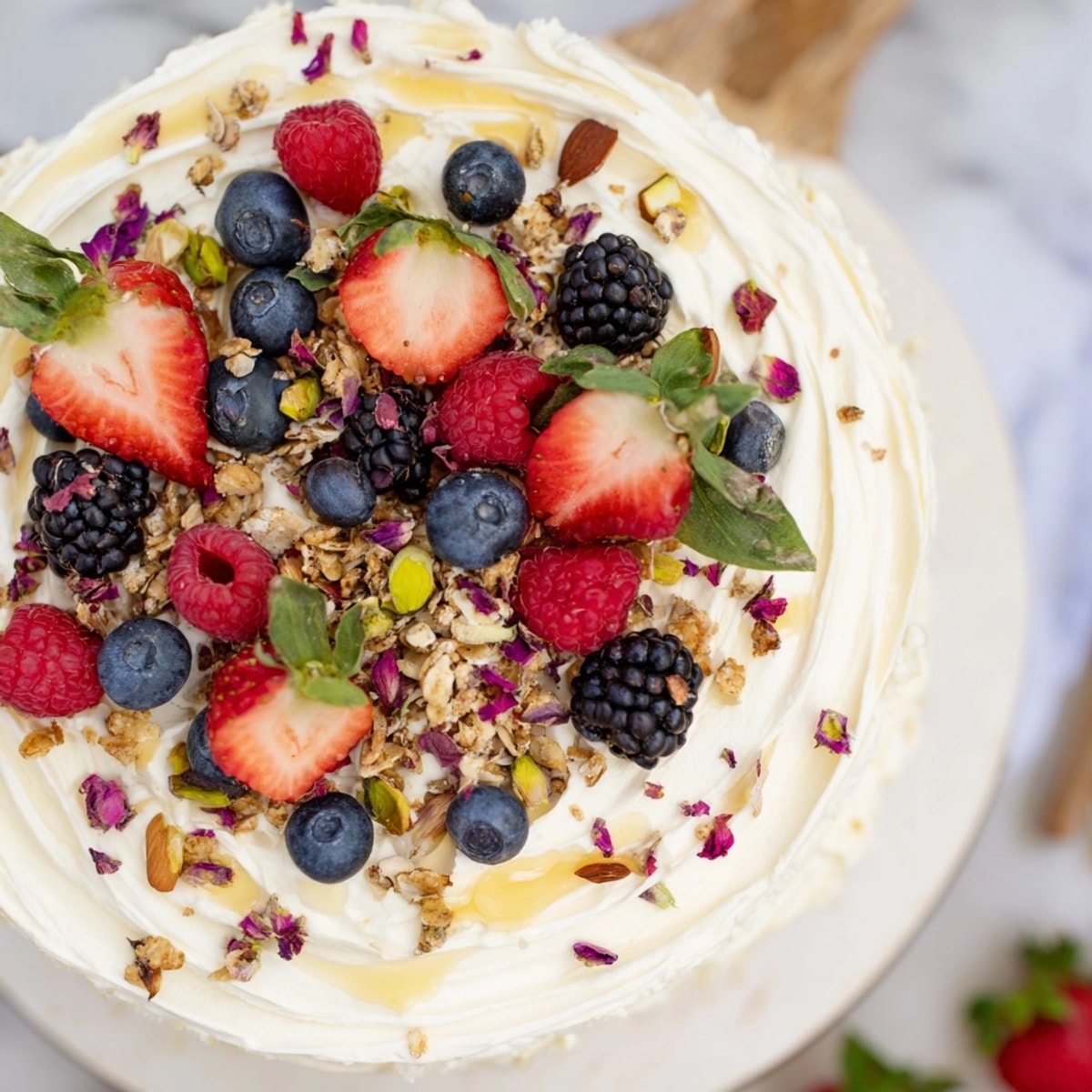 Indulgent Butter Board Dessert Version: sweet cream cheese base adorned with berries and nuts.