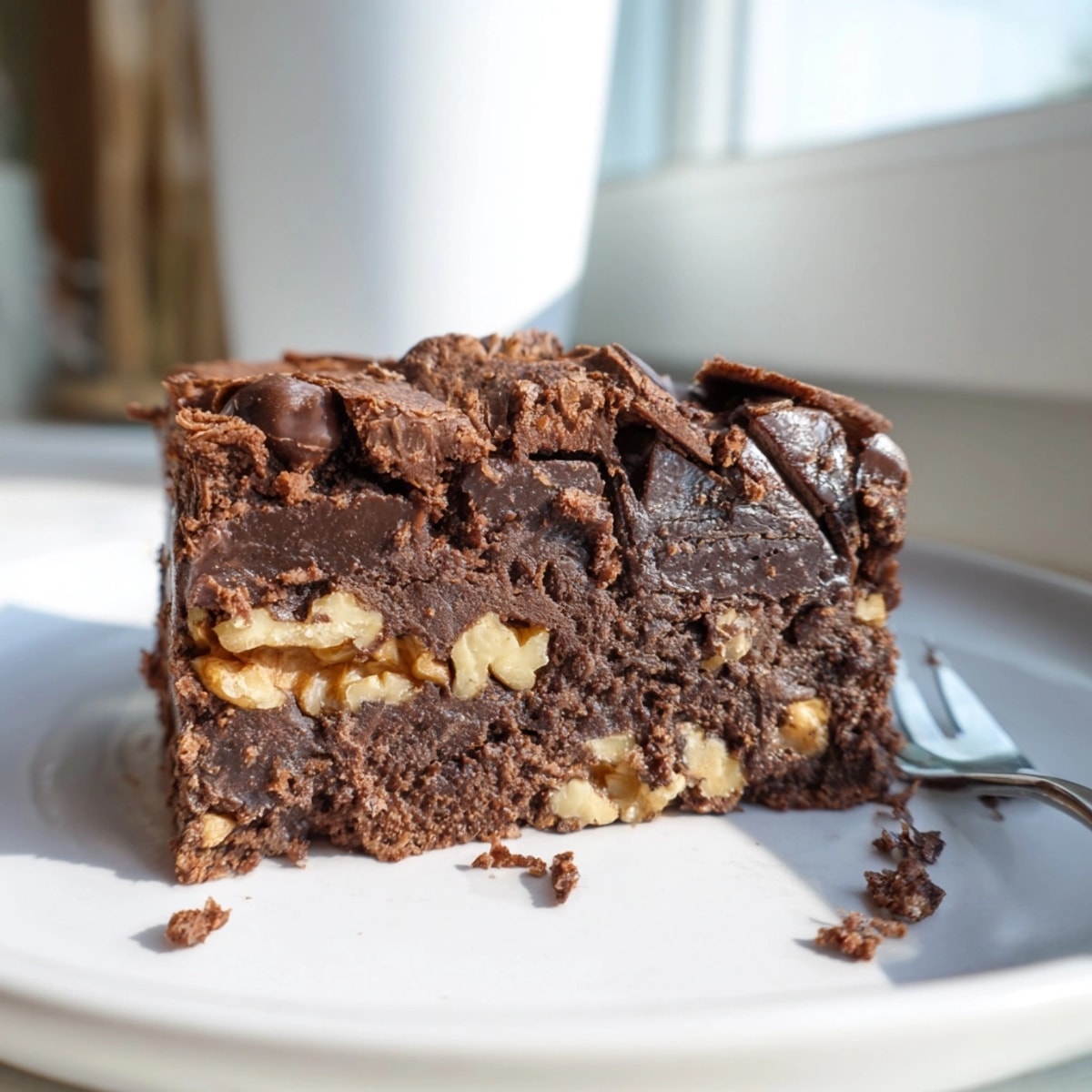 Close-up of fudgy Zero-Waste Brownies: dark chocolate chips glisten on top, ready to serve.