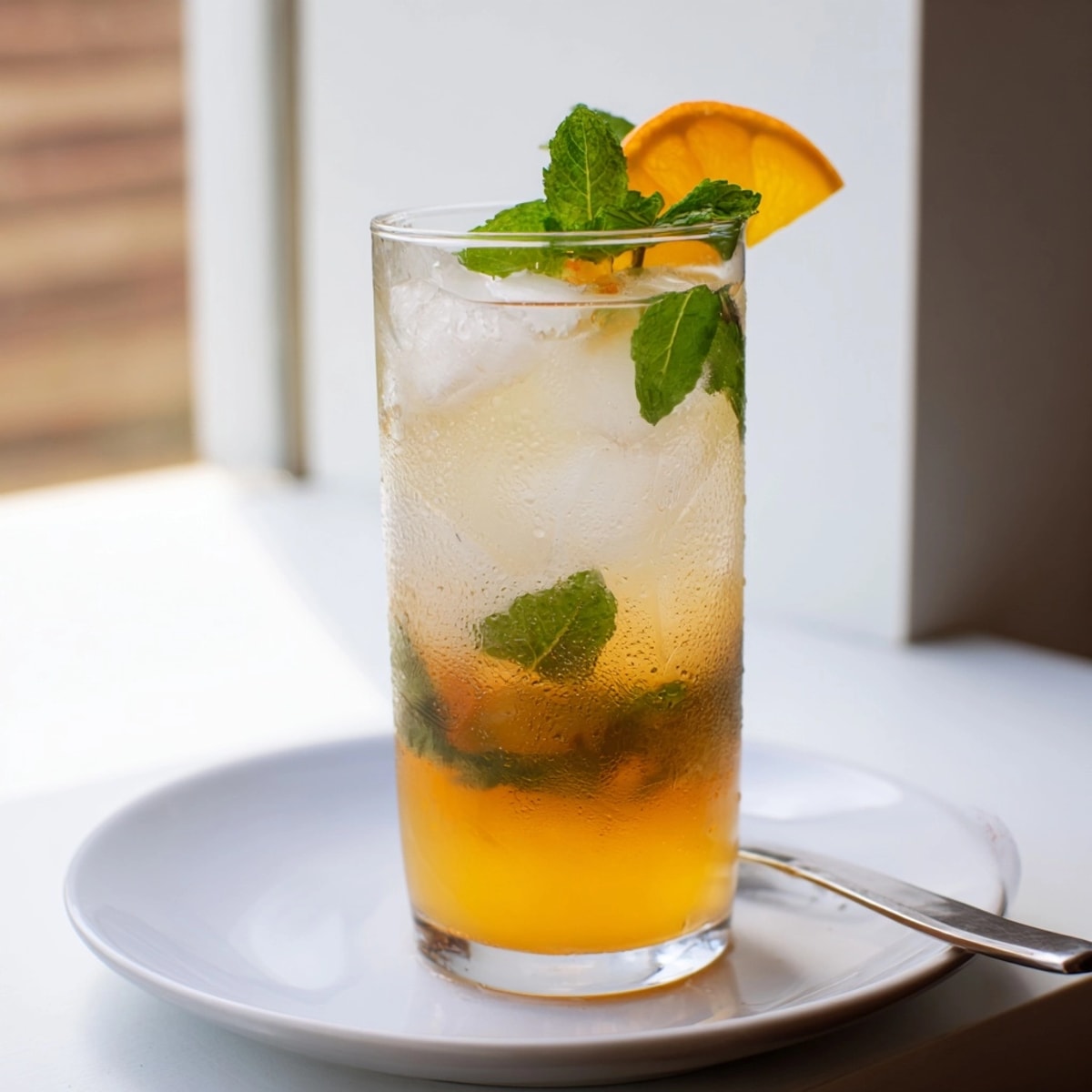 Refreshing Probiotic Soda Mocktail filled the glass with bubbly, vibrant citrus, garnished beautifully.