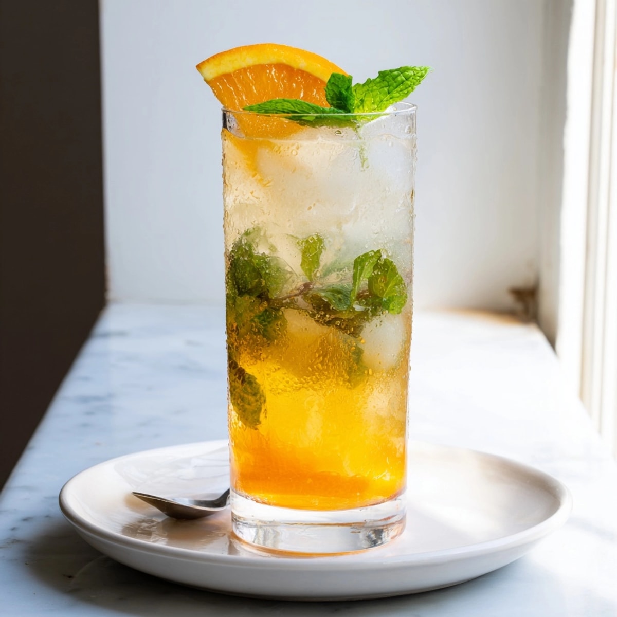 Homemade Probiotic Soda Mocktail: A close-up reveals the sparkling drink with mint and orange.