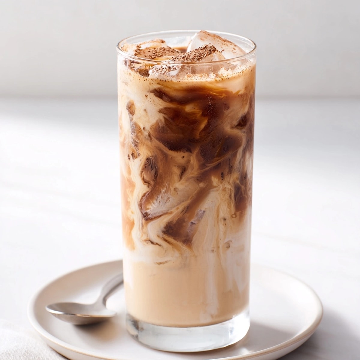 Creamy, light brown Tahini Iced Coffee in a tall glass, topped prettily with tahini drizzle.