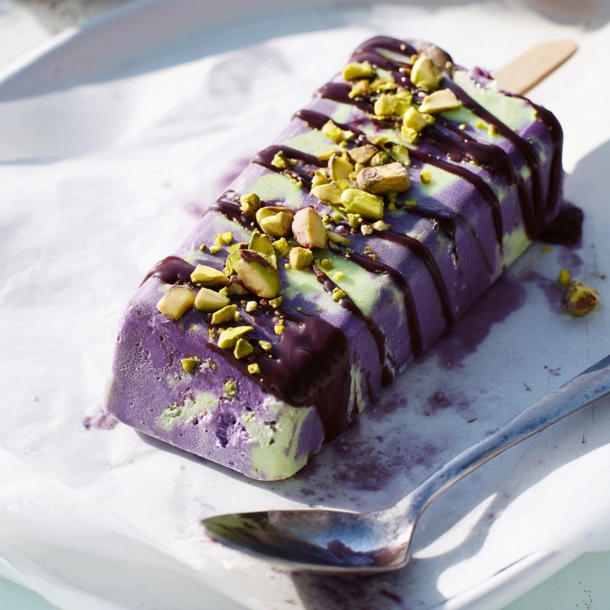 Close-up of creamy Ube & Pistachio Ice Cream Bars with vibrant purple and green layers.