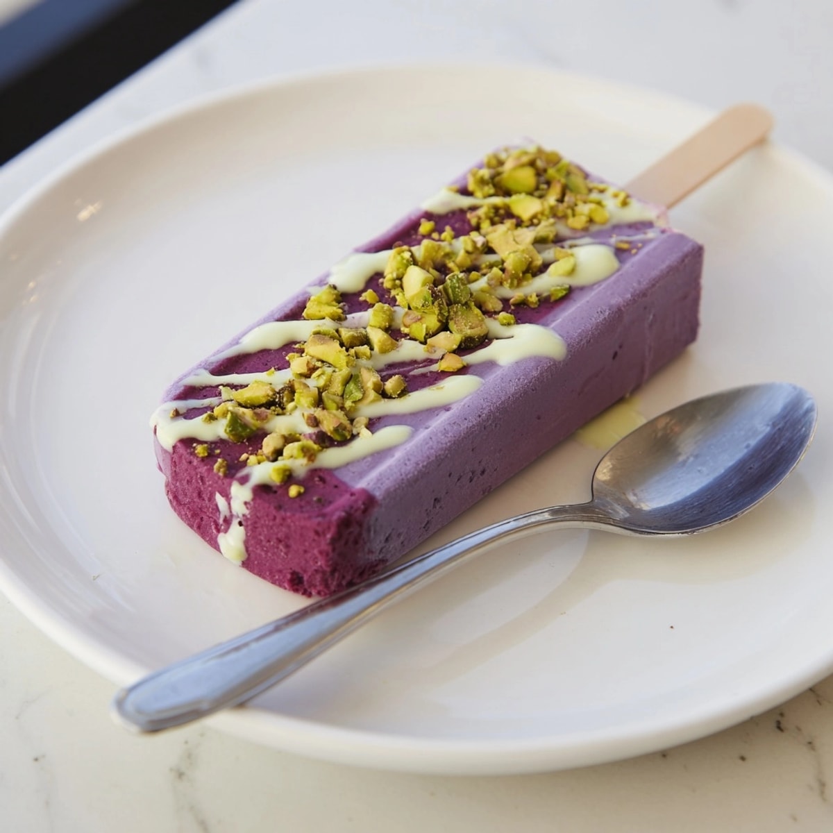 Stacked homemade Ube & Pistachio Ice Cream Bars, a colorful, cool summer dessert treat.