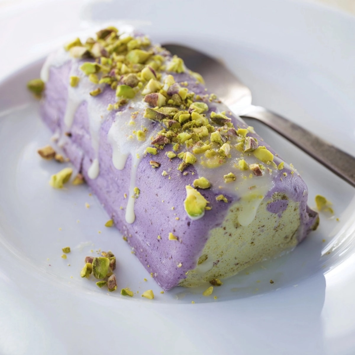 Homemade Ube & Pistachio Ice Cream Bars bursting with ube and nutty pistachio flavor.