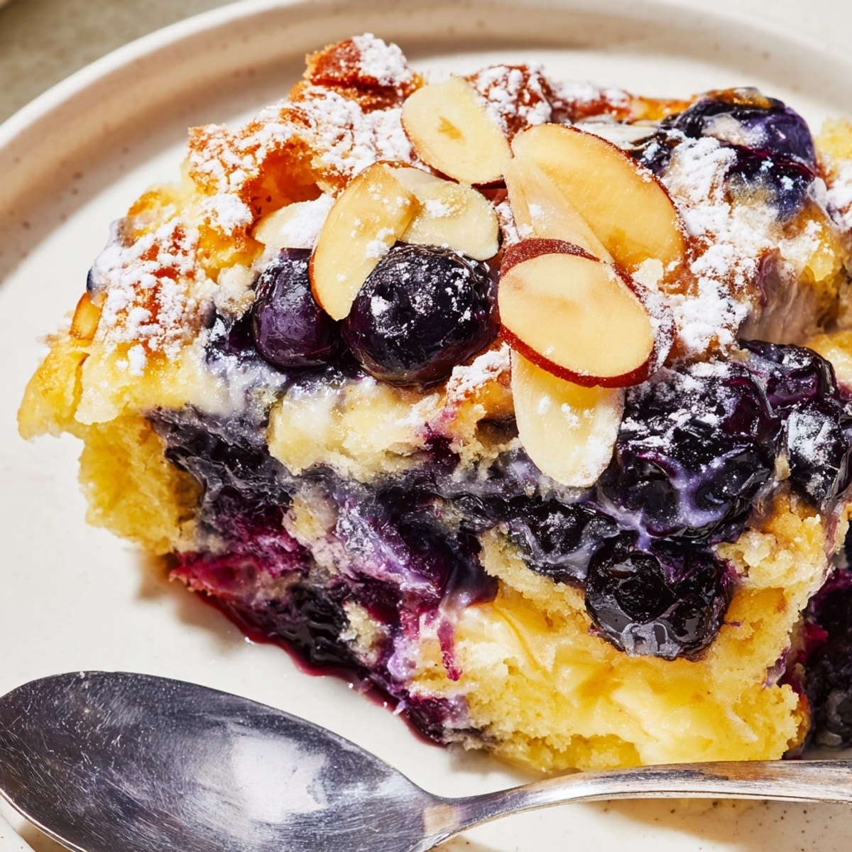 Warm, bubbling Lemon Blueberry Dump Cake with a sweet blueberry filling and almond topping.