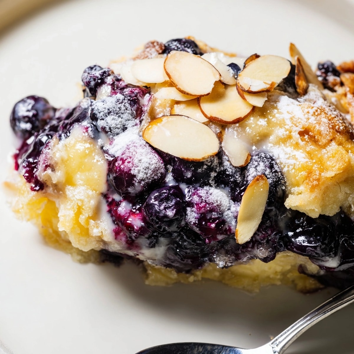 Homemade Lemon Blueberry Dump Cake: a delicious, fruity dessert ready to be topped with ice cream.