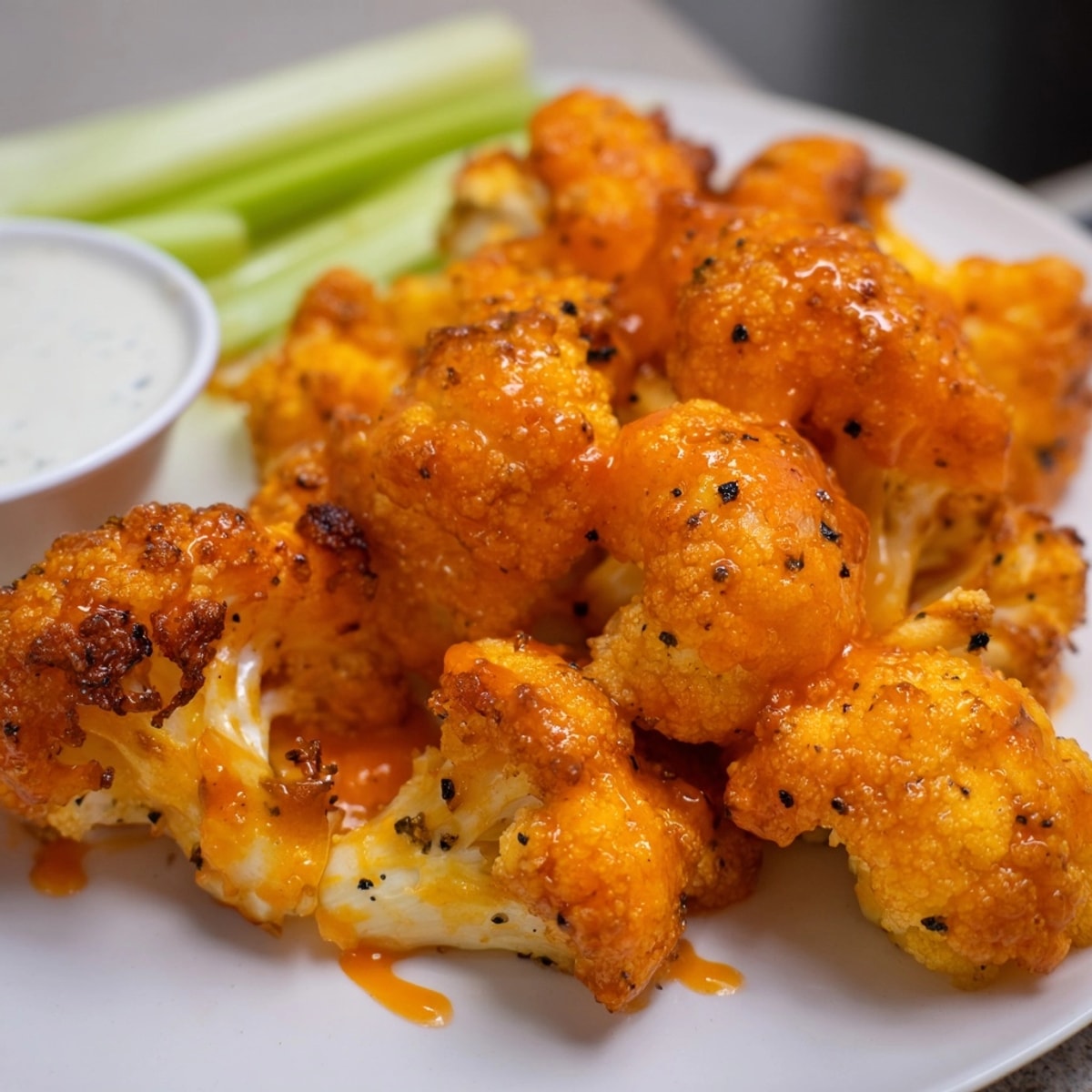 Golden Buffalo Cauliflower Wings, fresh from the oven, a vegetarian appetizer with a spicy kick.
