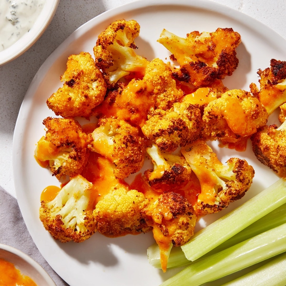Crispy baked Buffalo Cauliflower Wings coated in tangy sauce, served with cool ranch dressing.