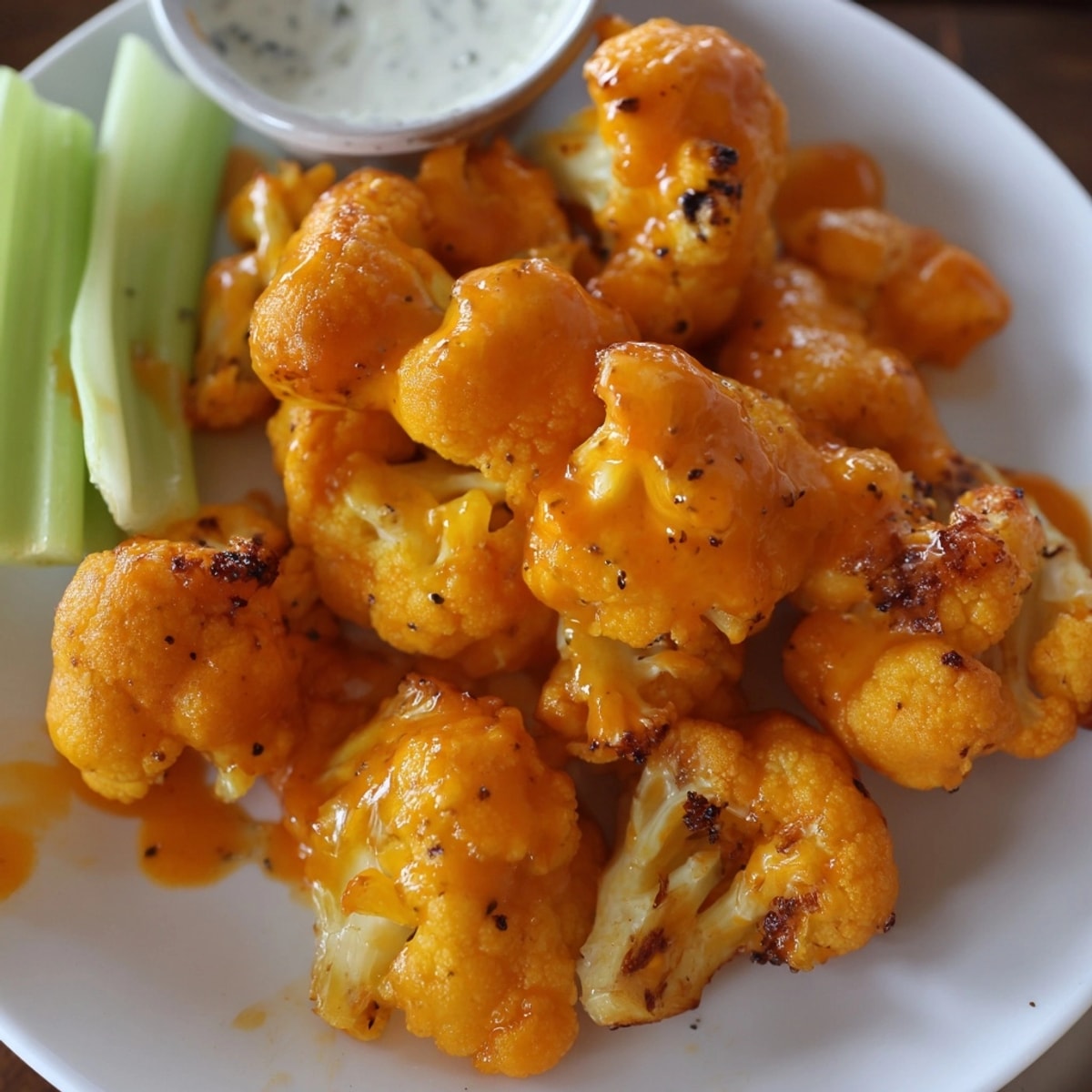 Close-up of saucy Buffalo Cauliflower Wings recipe: a flavorful, healthier take on game-day favorites.