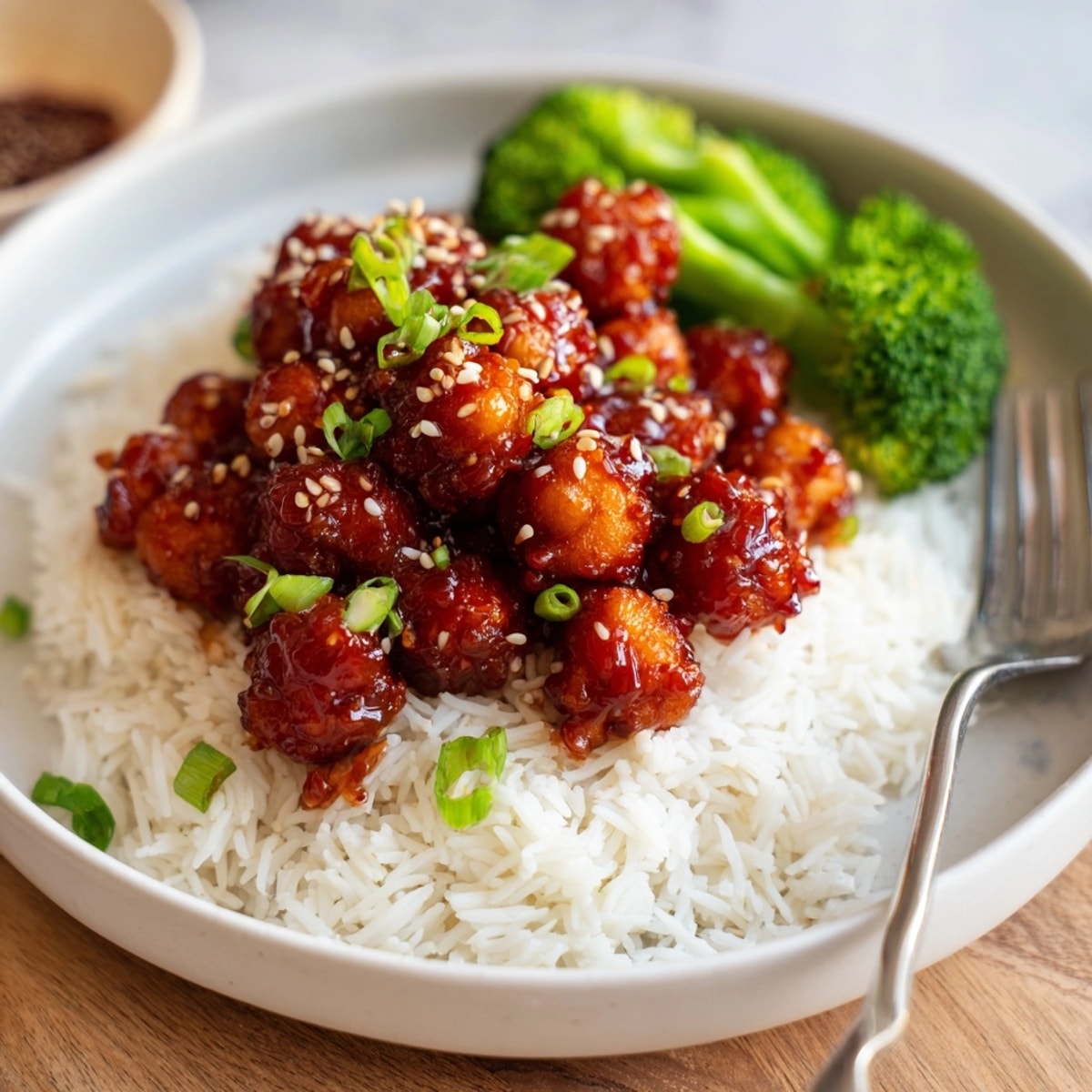 Crispy General Tsos Chickpeas glazed with a savory, spicy-sweet sauce, ready to devour.