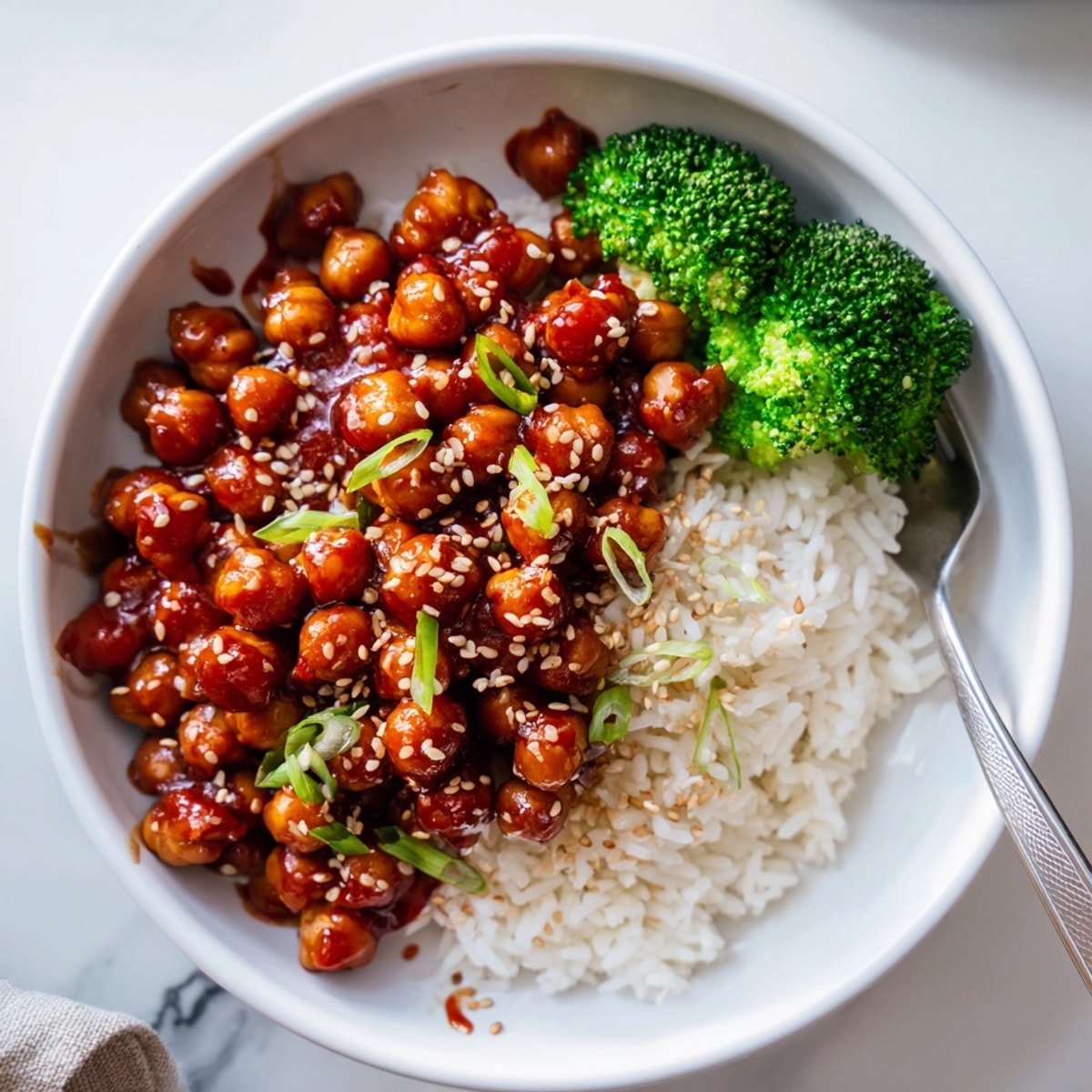 Golden, crunchy General Tsos Chickpeas, a delicious plant-based meal served over fluffy rice.