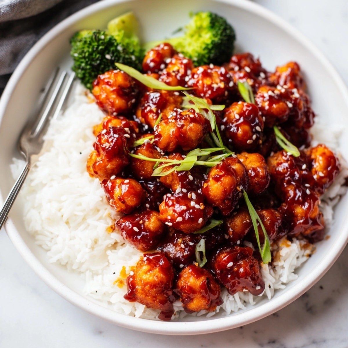 A close-up showcases the glistening General Tsos Chickpeas, fragrant with ginger and garlic.