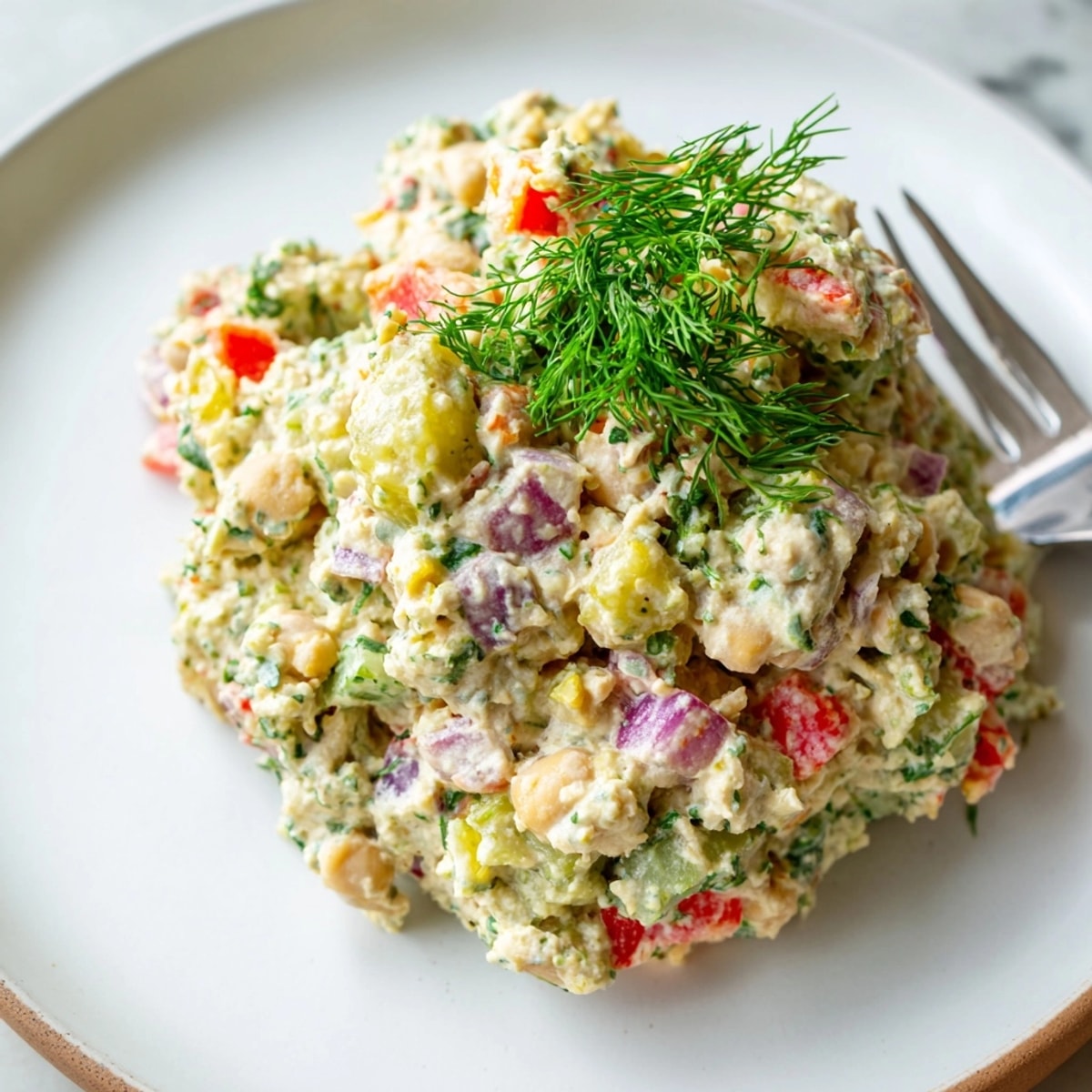 Creamy vegan chickpea tuna salad recipe: mashed chickpeas with tangy dressing, ready for sandwiches.
