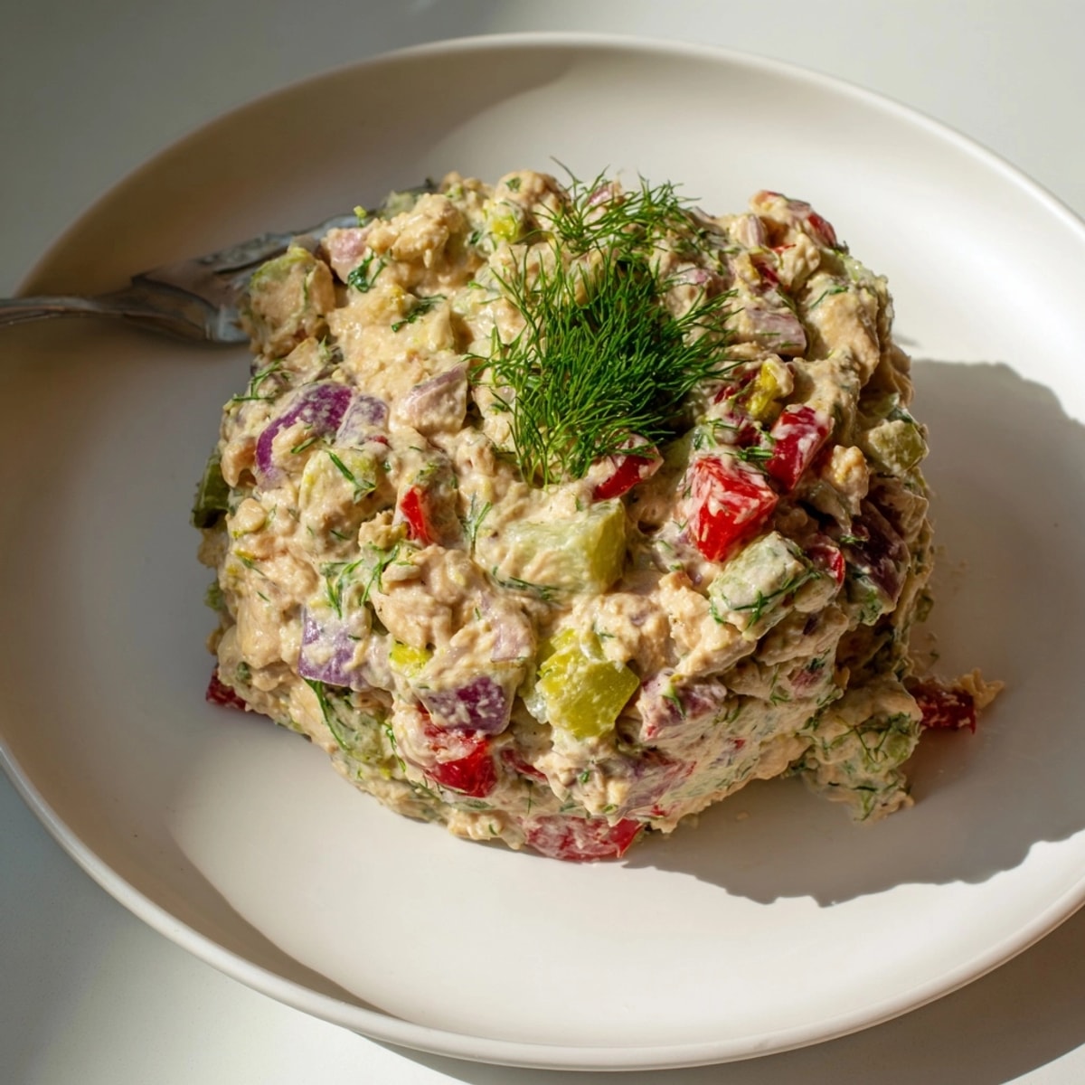 Pile of vegan chickpea tuna salad filling a toasted sandwich; a quick and easy meal.
