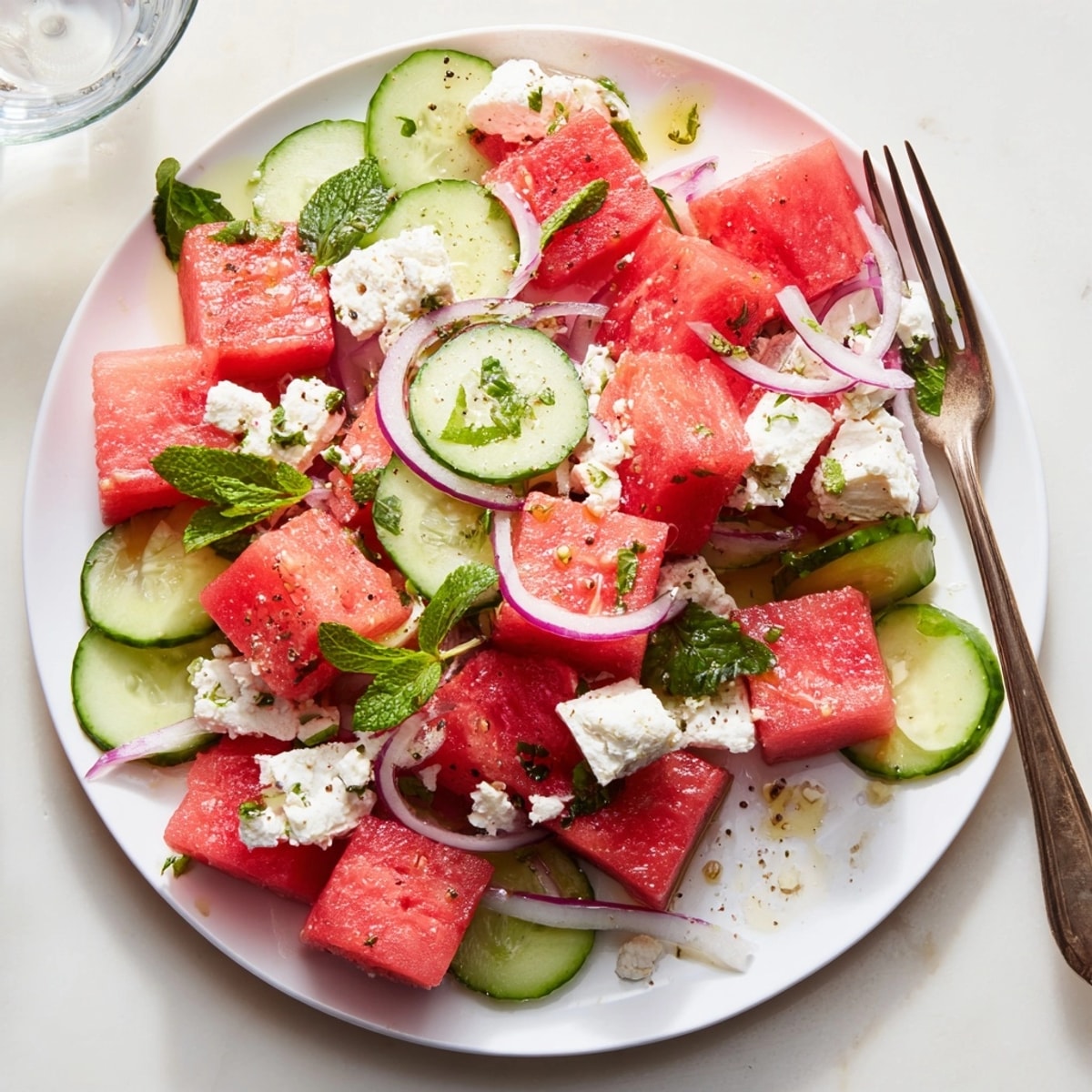 Bright, juicy Watermelon Feta Salad with mint, ready to enjoy on a warm day.