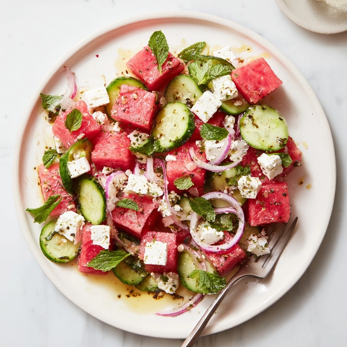 Refreshing Watermelon Feta Salad recipe: cubes of tangy feta and sweet watermelon.