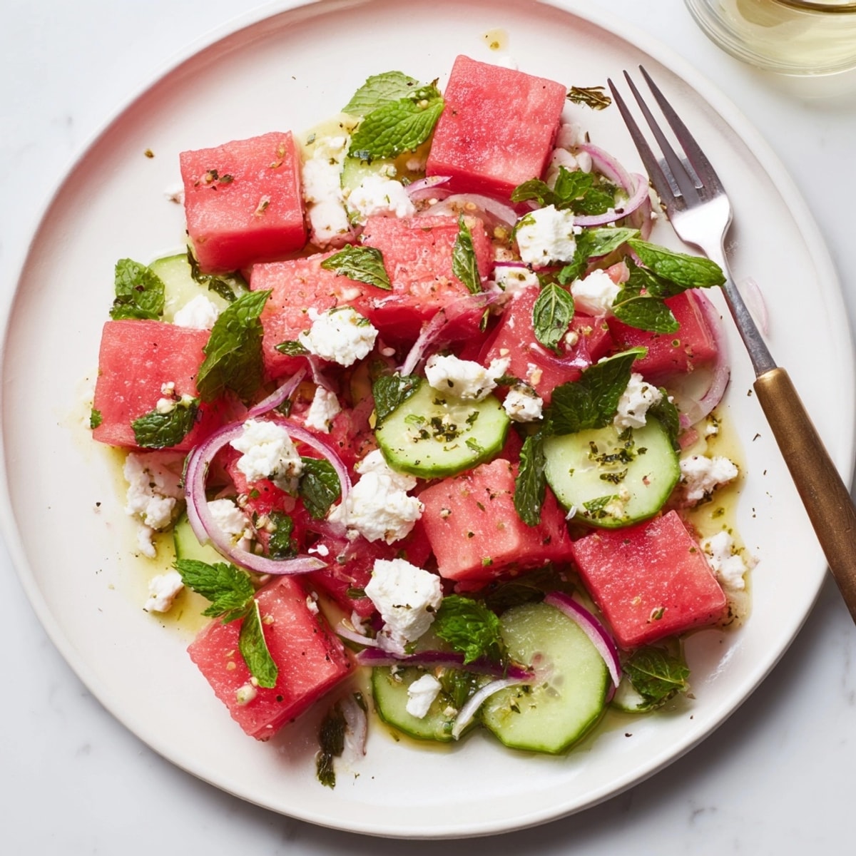 Close-up of Watermelon Feta Salad showing feta crumbles, herbs, and glossy dressing.