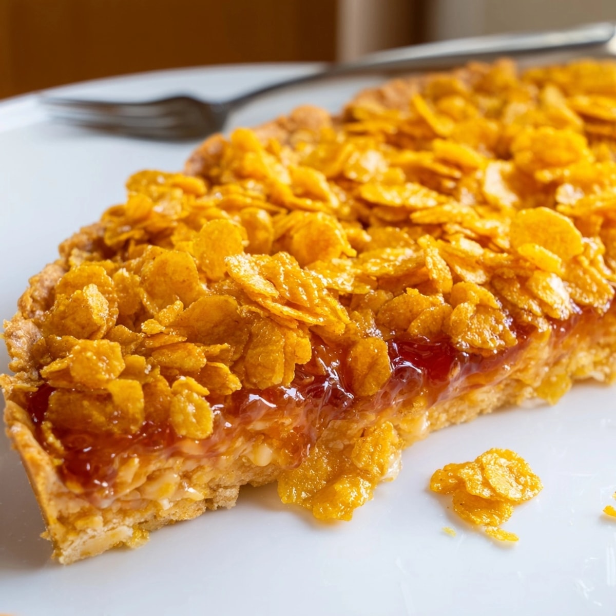 Close-up of a Cornflake Tart showing crisp pastry, jam, and golden cornflake topping.