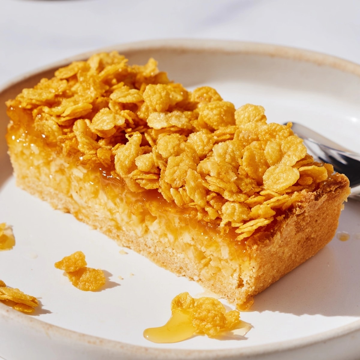 Warm slice of Cornflake Tart, topped with crunchy cornflakes, served with creamy custard.