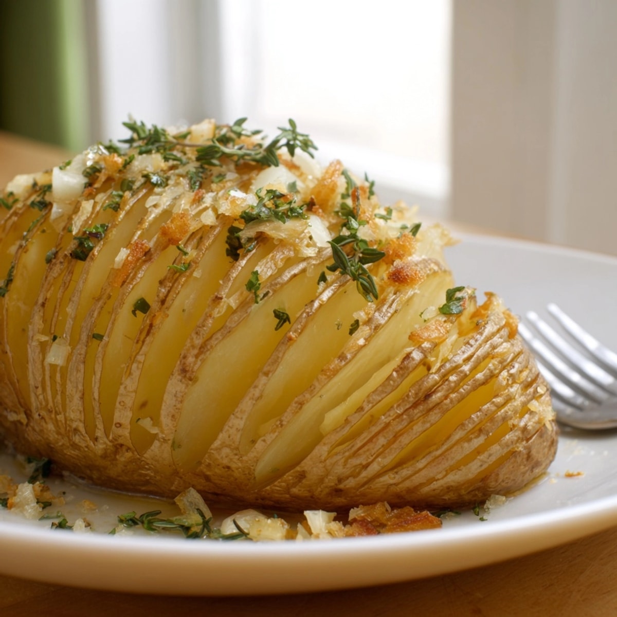 Golden brown Hasselback Potatoes with garlic and herbs, ready to be served hot.