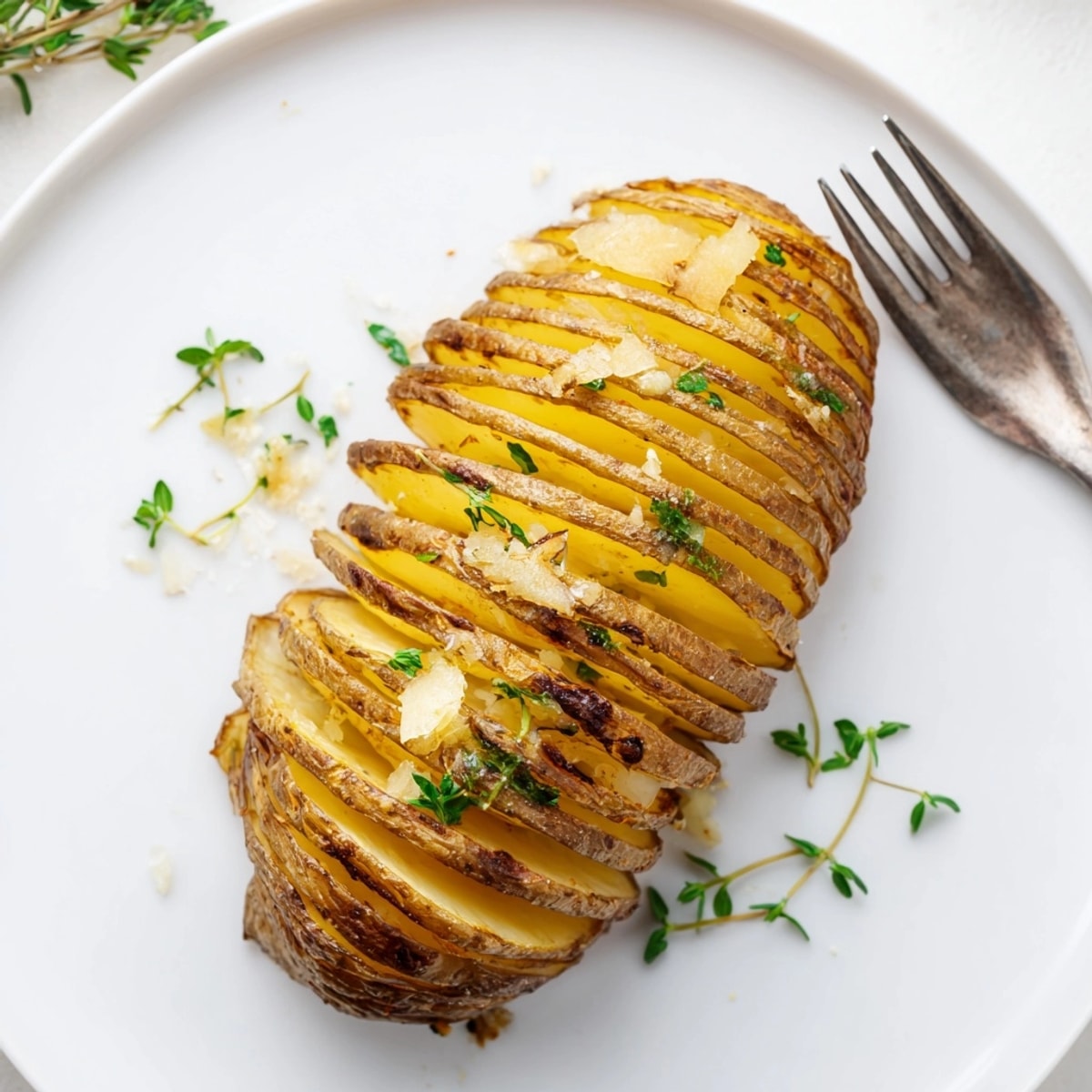 Close-up of crispy Hasselback Potatoes, fanned open, drizzled with melted butter and parsley.