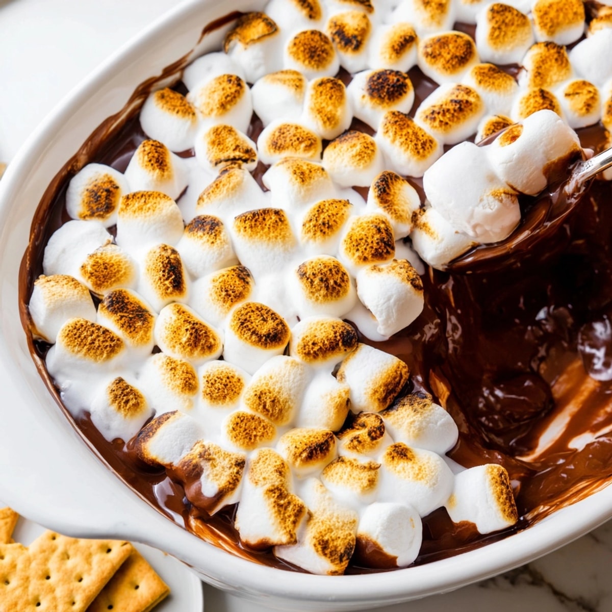 Golden brown Smores Dip bubbling in a skillet, ready for graham crackers.