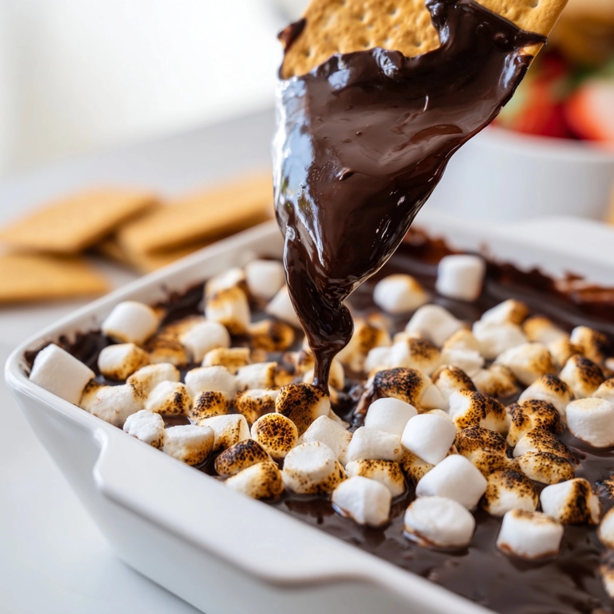Rich, chocolaty Smores Dip fresh from the oven, topped with toasted marshmallows.