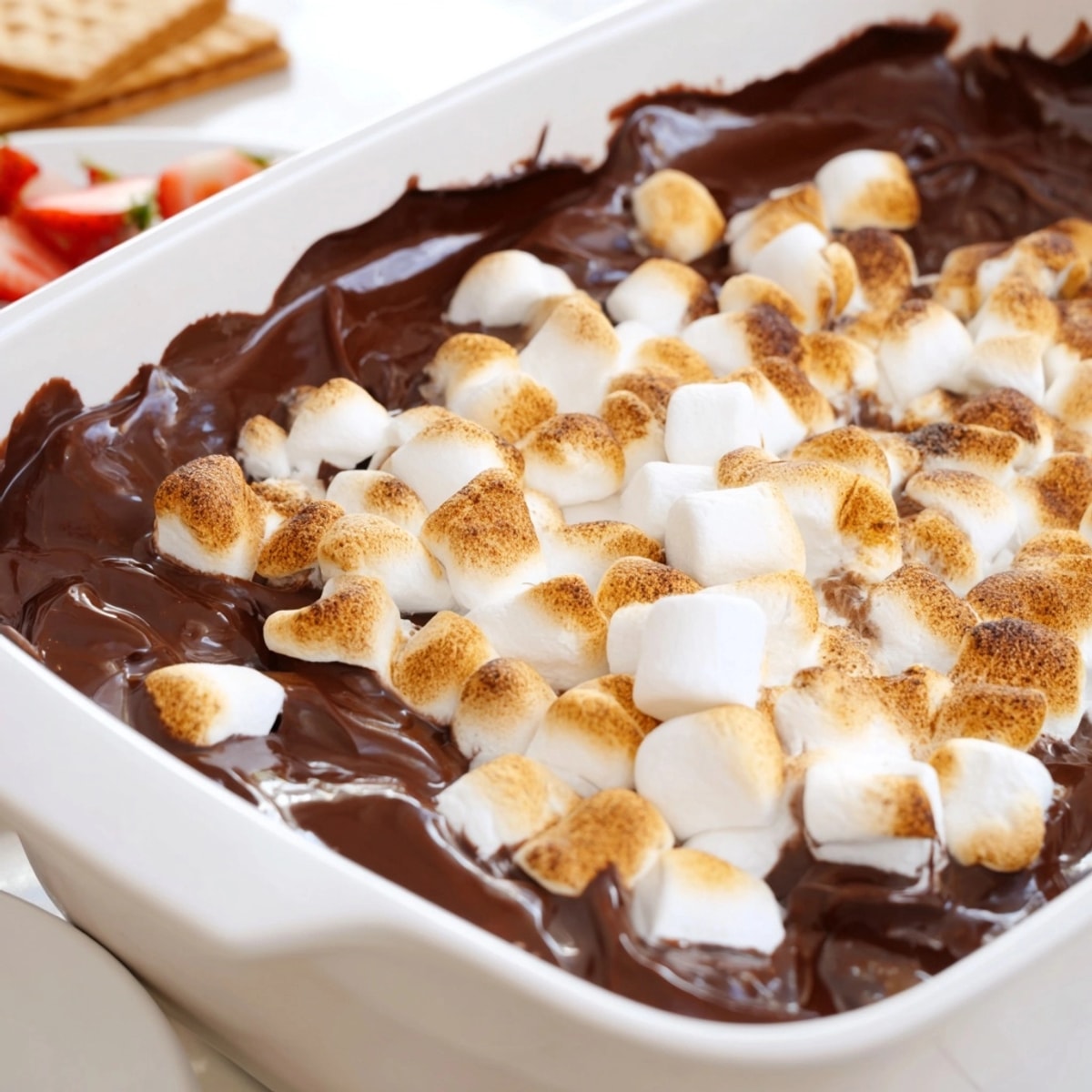 Easy Smores Dip dessert recipe: melted chocolate & gooey marshmallows, served warm with dippers.