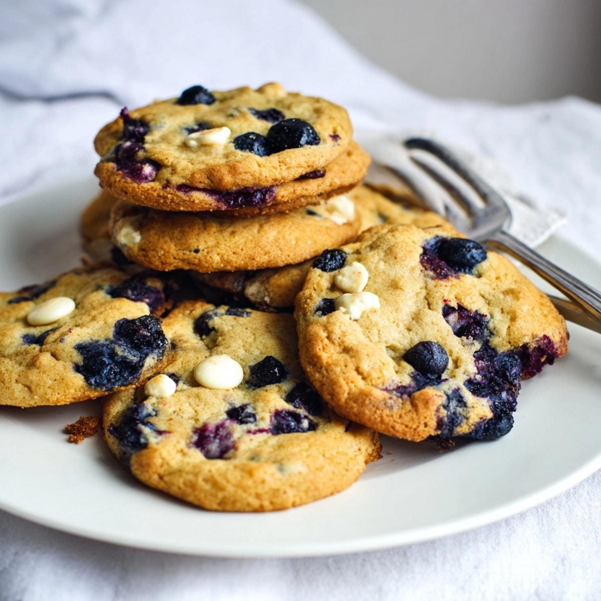 Golden Viral Blueberry Cookies, fresh from the oven, dotted with melted white chocolate.