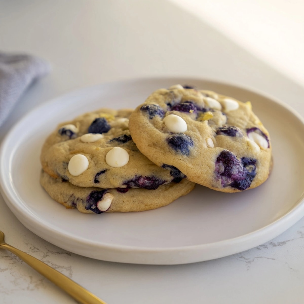 Stack of homemade Viral Blueberry Cookies with lemon zest, ready to enjoy with milk.