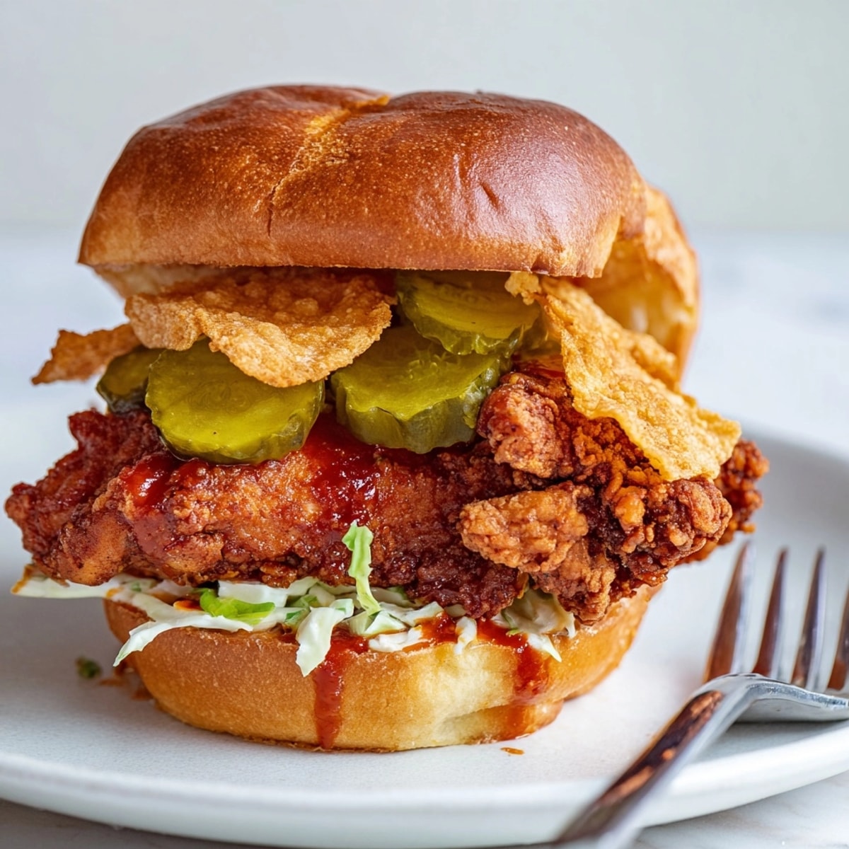 Golden, crispy Nashville Hot Chicken Sandwich with juicy thighs, bright pickles, on brioche.