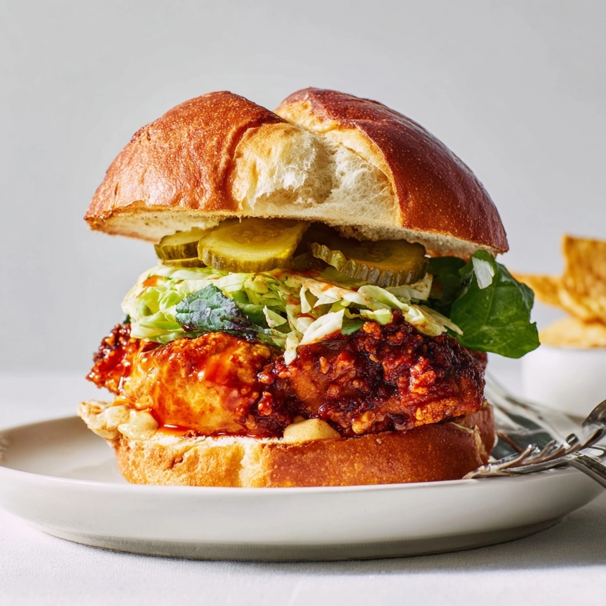 Close-up of a fiery Nashville Hot Chicken Sandwich dripping with spicy red glaze.