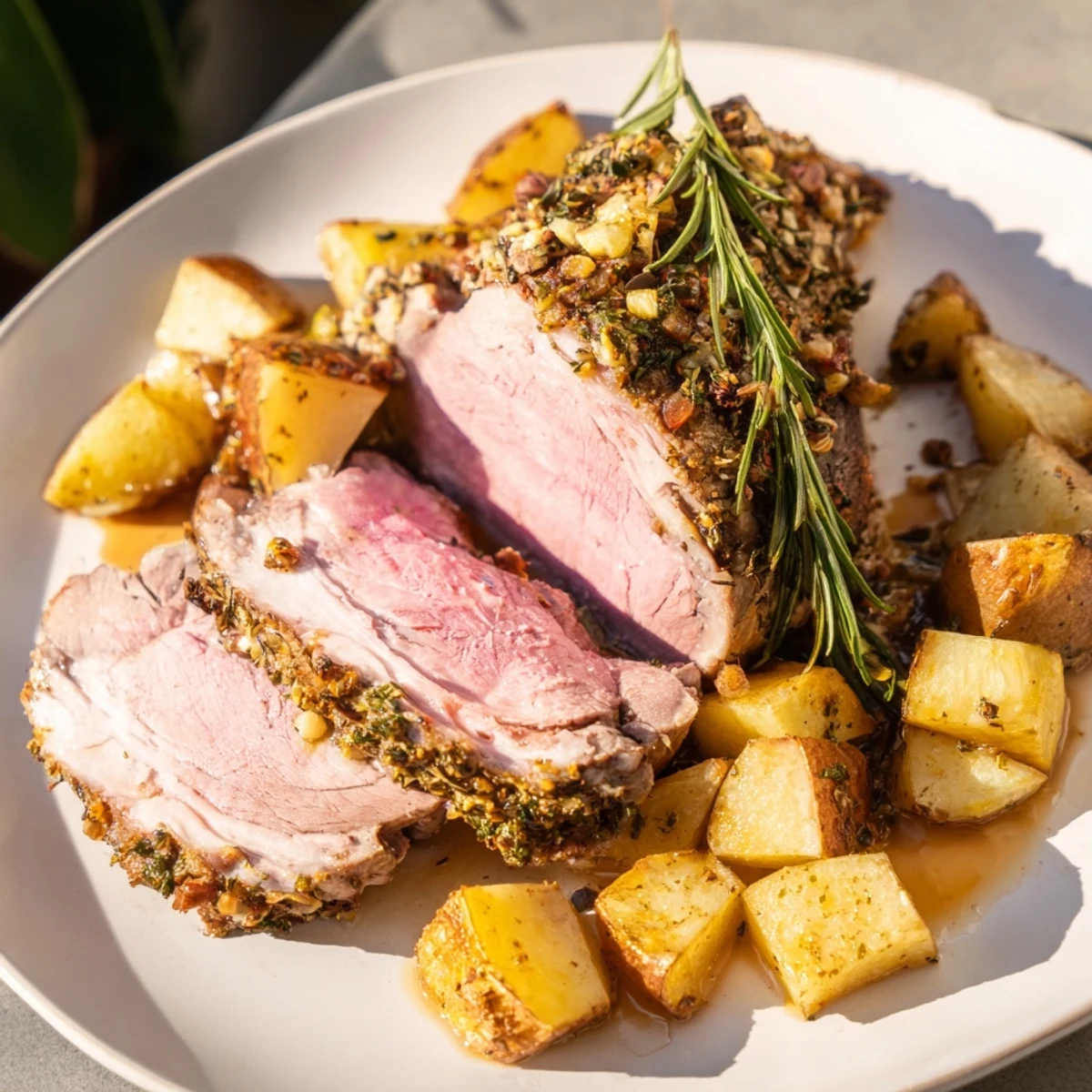 Golden roasted lamb with potatoes, glistening and tender with herb-infused aromas, ready to serve.