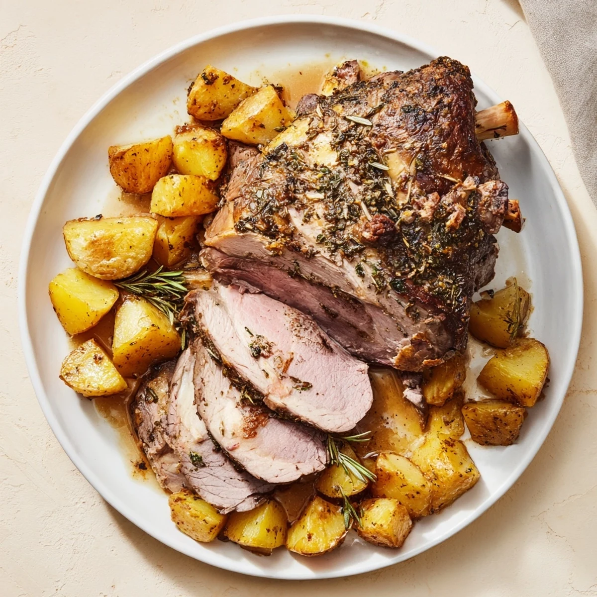 Juicy roasted lamb with potatoes, a Mediterranean delight, featuring golden potatoes and savory pan juices.