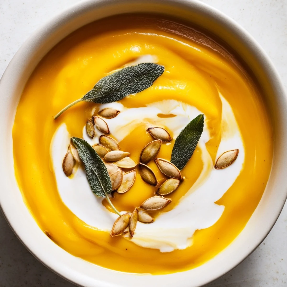 Creamy butternut squash soup with sage, garnished, ready to warm you on a cold evening.