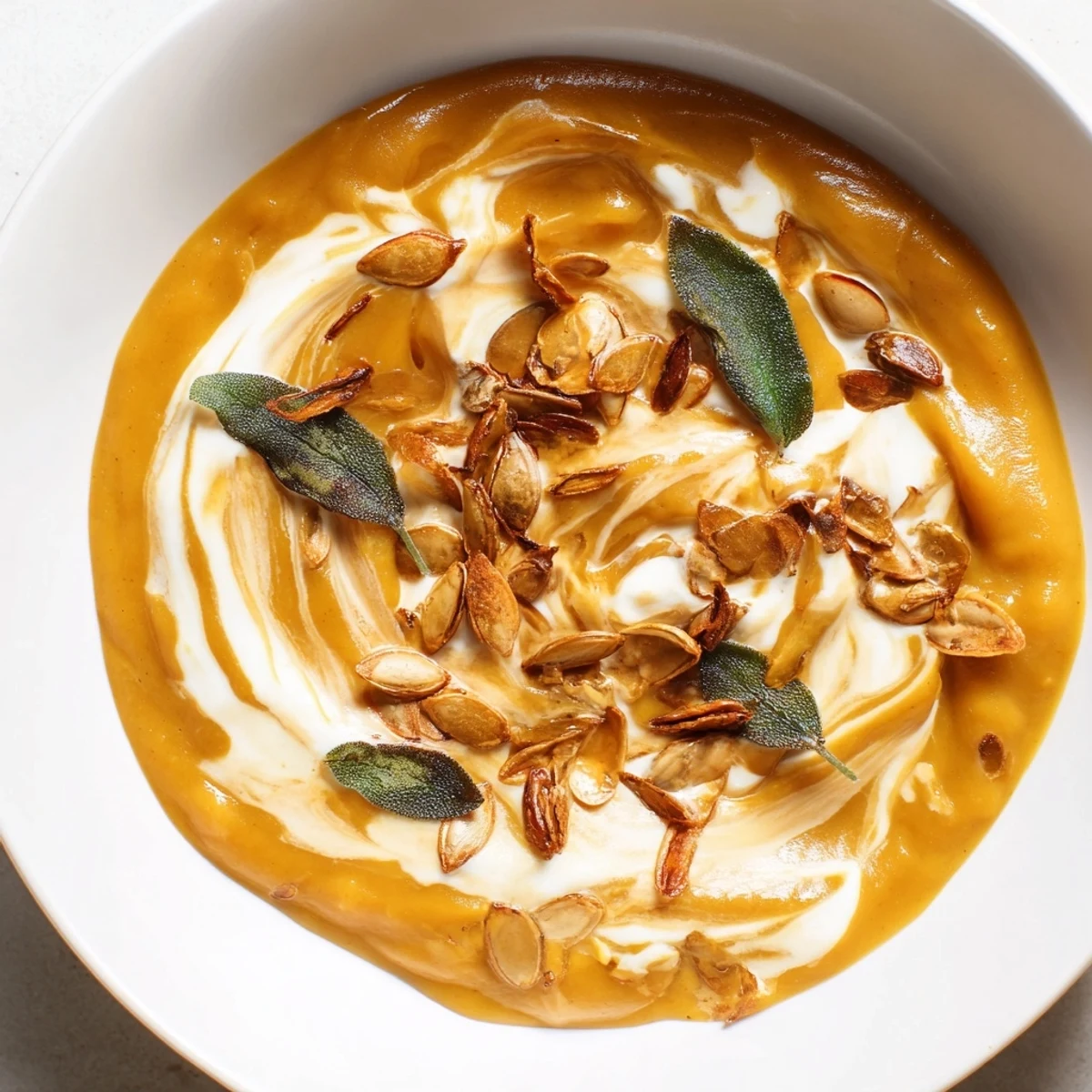 Golden-yellow butternut squash soup with sage, a comforting autumn dish for serving.