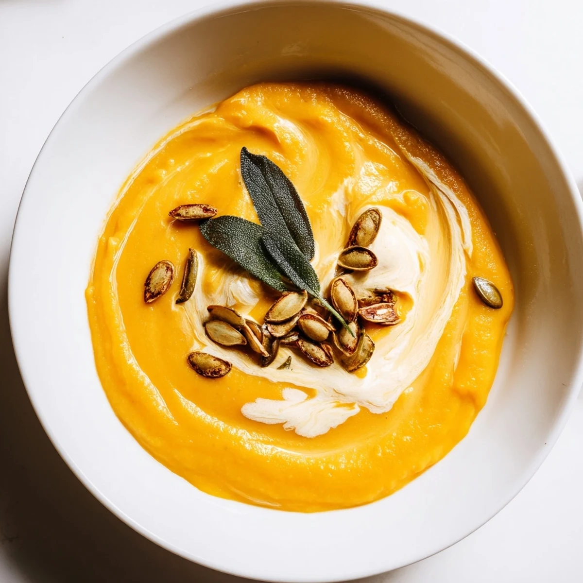 Delicious bowl of butternut squash soup with sage, garnished with cream and seeds.