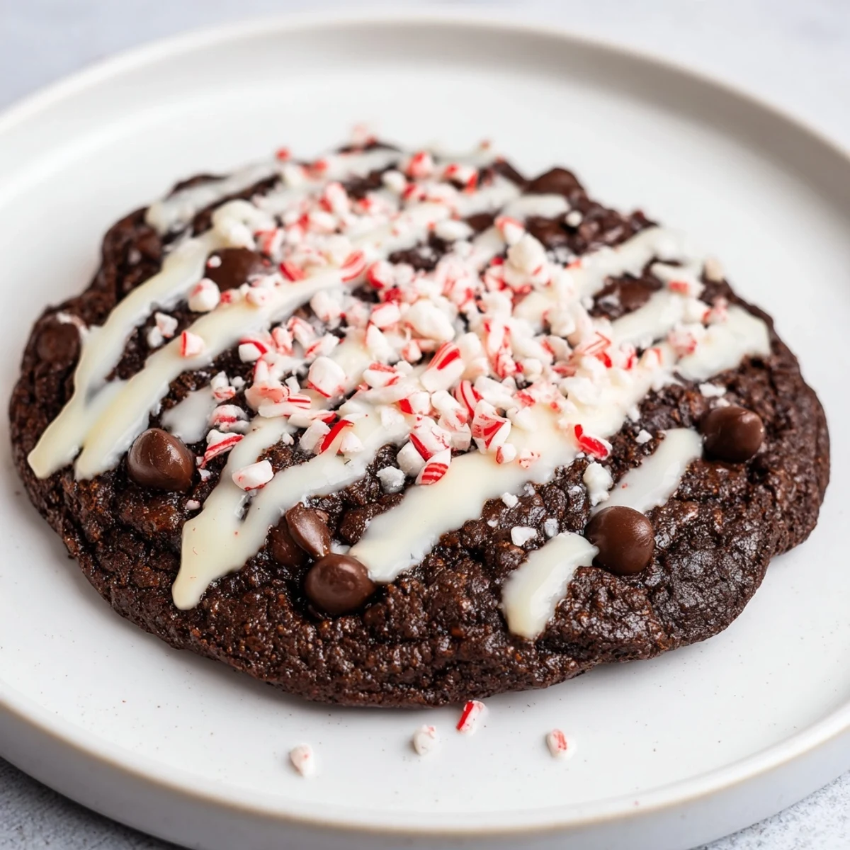 Warm peppermint mocha cookies, drizzled white chocolate, scattered crushed candy cane pieces look amazing.