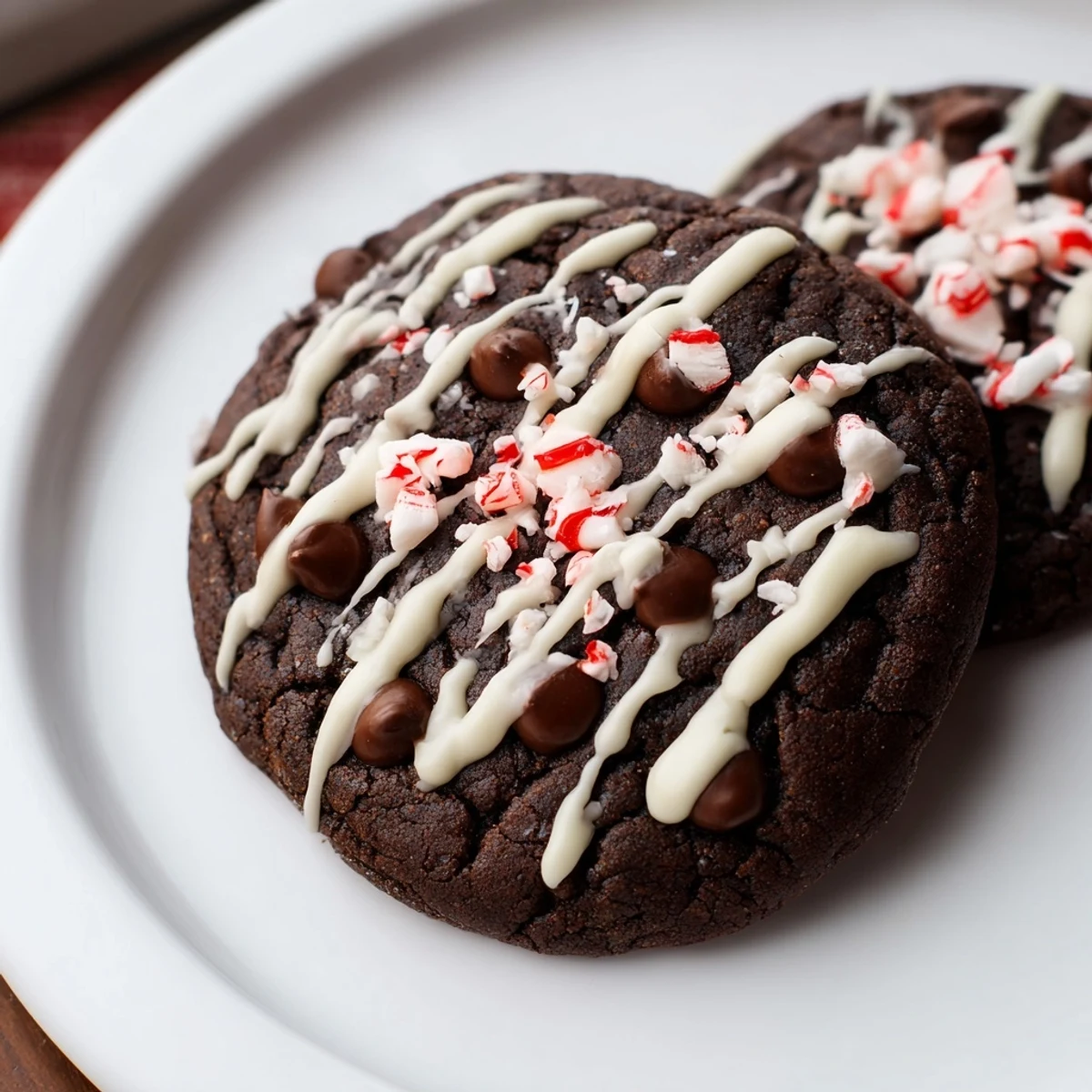 A plate of freshly baked peppermint mocha cookies with a shiny white chocolate drizzle, ready to enjoy.