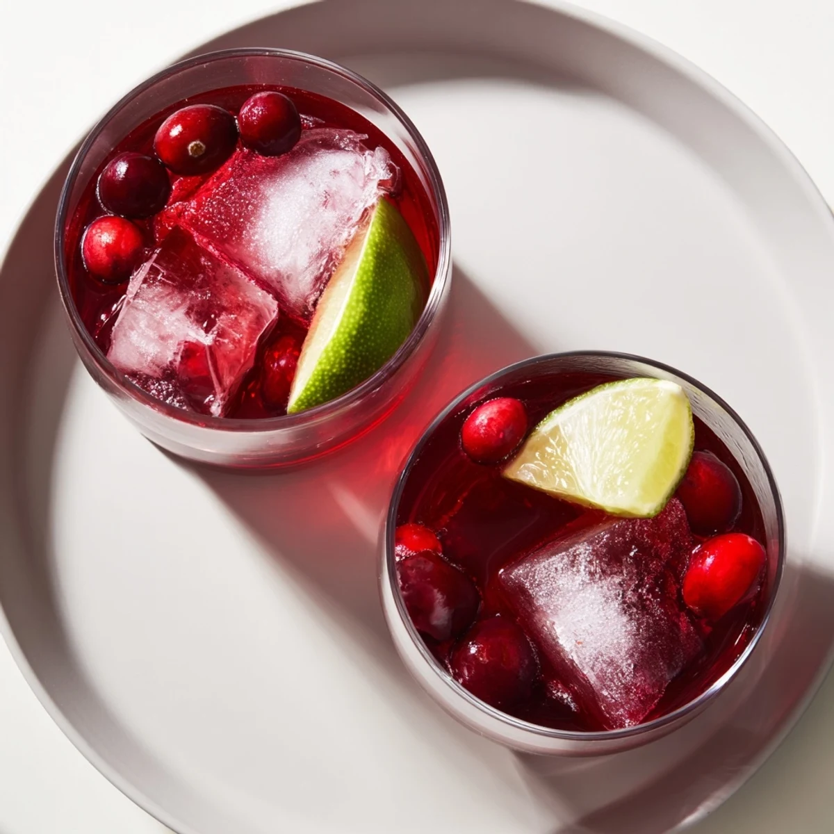 Bright red Cranberry Cocktail in a chilled glass, garnished with fresh cranberries and lime.