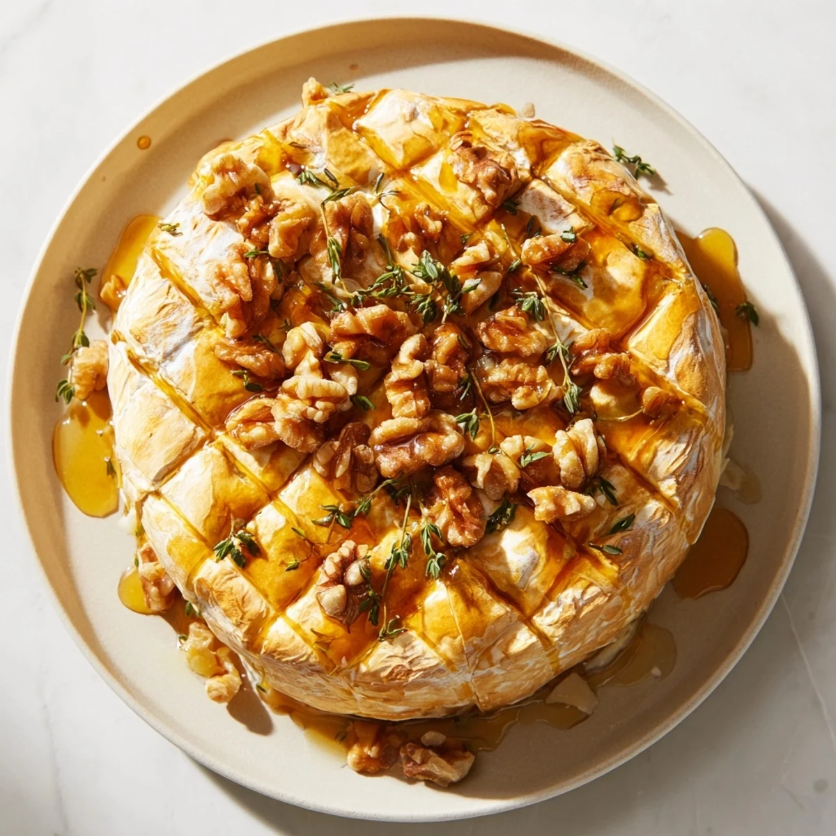 Golden, melty baked cheese appetizer, drizzled with honey, ready to be served with fruit.